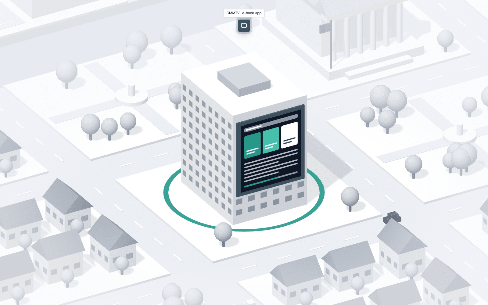 Illustration: a building with a large reading screen highlighted in the city.